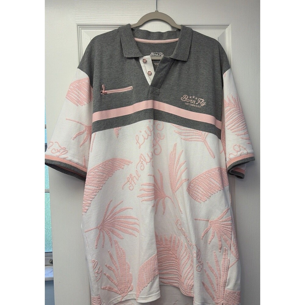 Born Fly Men's Gray Pink White 3XL Polo Shirt Short Sleeve Floral Collared Knit